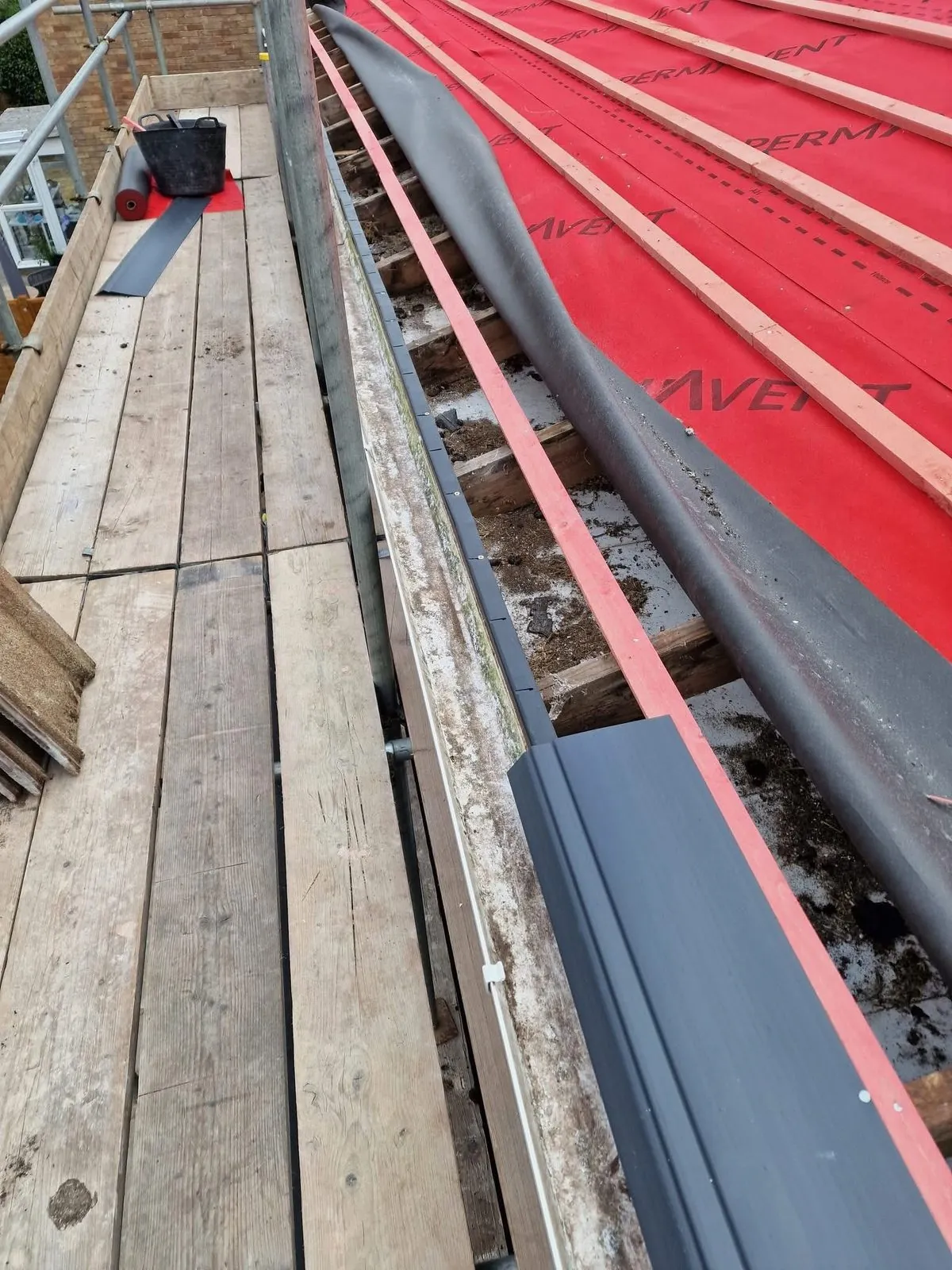 Breathable membrane and battens fitted during a re-roof in Helston